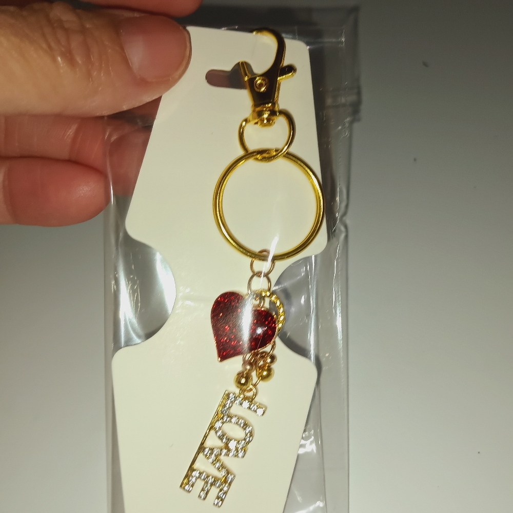 Gold-Tone Keyring with Red Heart and LOVE Pendant